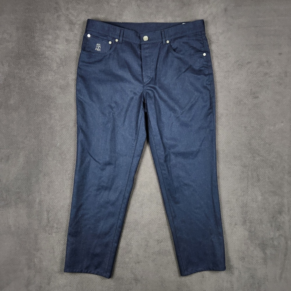 Brunello Cucinelli Italian Fit Virgin Wool Navy Pants 36x27 IT 52‎ Button Fly